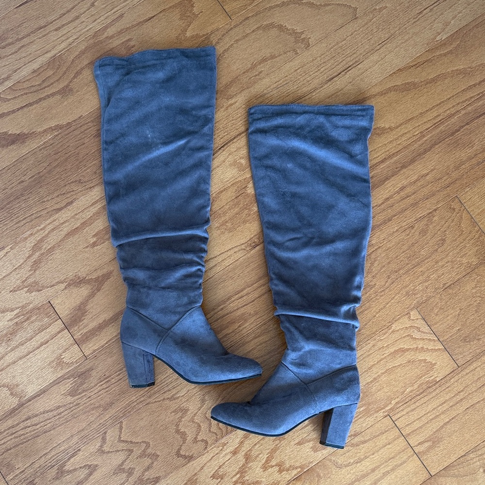 Streetwear Society Tall Suede Over-the-Knee Boots in Slate Blue